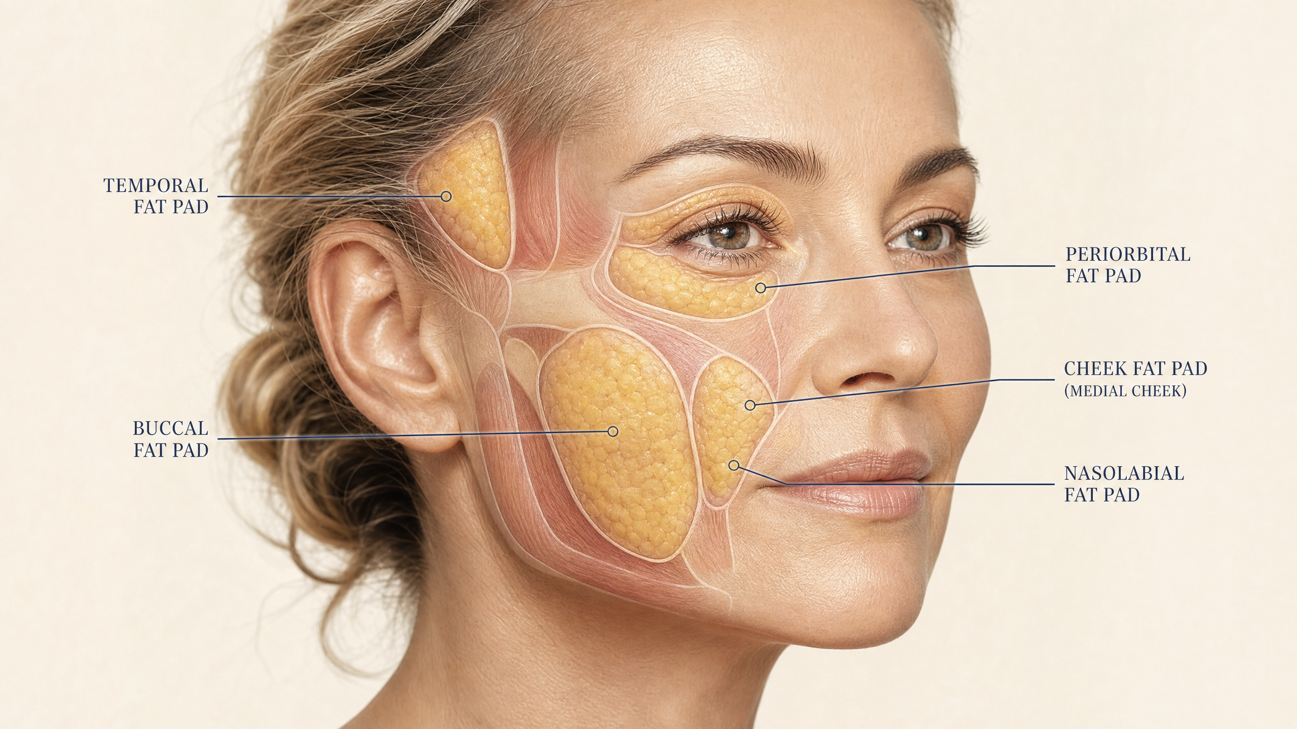 Medical illustration of facial fat compartments depleted by GLP-1 weight loss